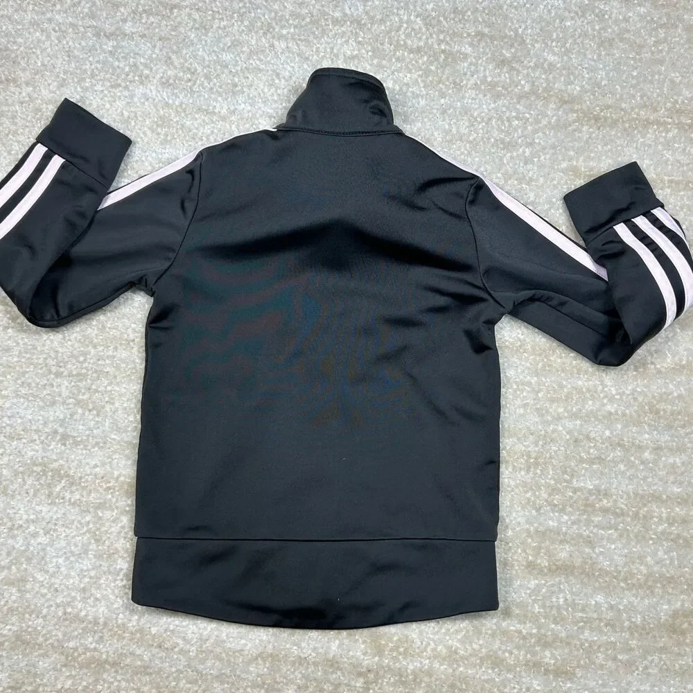 Adidas Track Jacket Girls 5 Black Pink Logo Full Zip Athletic Warm Up Striped